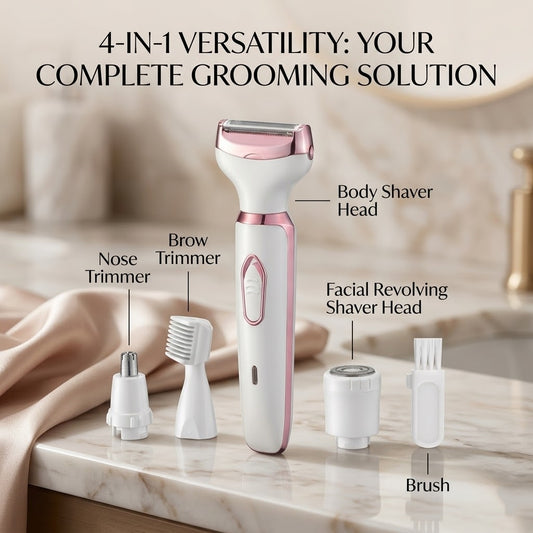 4-in-1 Electric Shaver for Women, Rechargeable Cordless Hair Trimmer Kit for Face, Body, Nose & Eyebrows, Portable Grooming Set with Washable Heads - Rose Gold