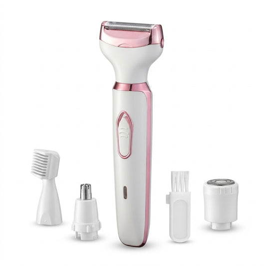 4-in-1 Electric Shaver for Women, Rechargeable Cordless Hair Trimmer Kit for Face, Body, Nose & Eyebrows, Portable Grooming Set with Washable Heads - Rose Gold