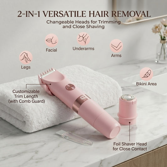 2-in-1 Women's Electric Shaver – Wet & Dry Travel Razor, IPX6 Waterproof, Type-C Rechargeable
