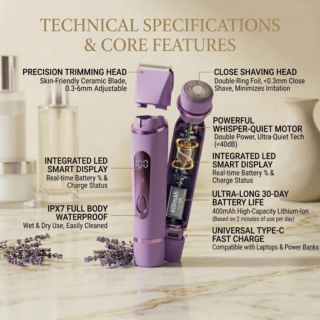 2-in-1 Electric Razor for Women, Cordless Wet/Dry Body Shaver & Hair Trimmer with LED Display, IPX7 Waterproof, USB-C Rechargeable