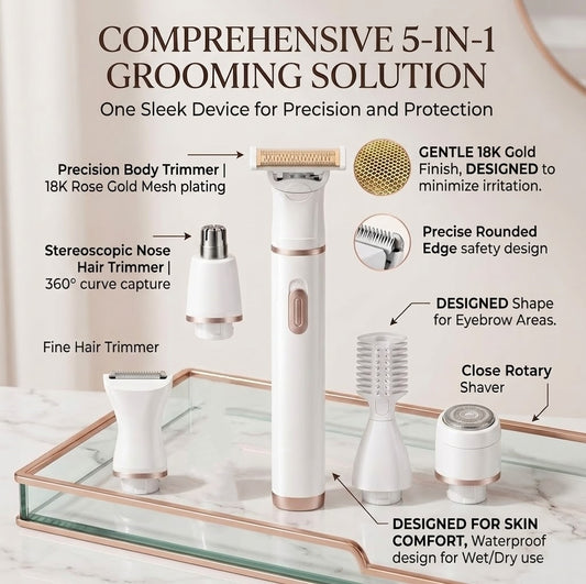 5-in-1 Women's Electric Trimmer & Grooming Kit - Hypoallergenic 18K Rose Gold, USB Rechargeable